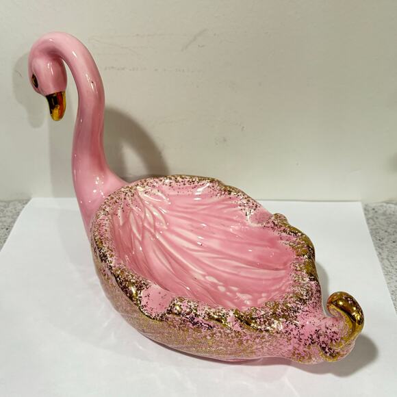 Mid Century Pink ceramic swan figure figurine ashtray soap dish gold highlights - Picture 4 of 7